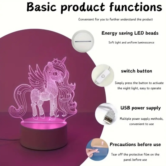 3D Unicorn Night Light - USB Powered, Pink LED with Visual Switch - NWOT - Picture 6 of 7